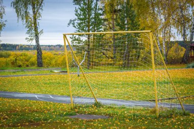 Sonbaharda rekreasyon alanında futbol oynamak için çim üzerinde beyaz net ile geniş kapı.
