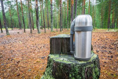 Sıcak çay veya kahve için kolu ile ıslak kamp termos ormanda çam ağacı kütük üzerinde duruyor.