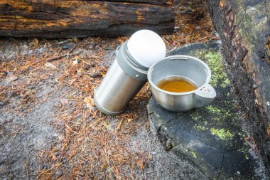 Ormanda kütük üzerinde çay fincan ile alüminyum kamp termos.