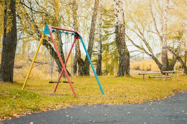 Los niños oscilan en cadenas de hierro para montar a caballo y entretenimiento con follaje amarillo en el suelo en el día de otoño . —  Fotos de Stock