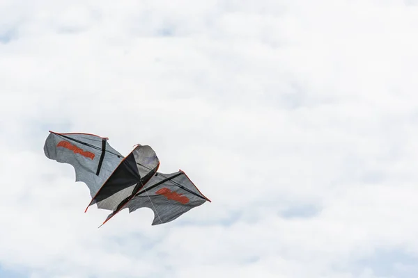 Homemade bat shaped kite on rope soars in sky. Royalty Free Stock Photos