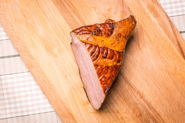 Large Piece Smoked Boar Meat Wooden Cutting Board — Stock Photo, Image