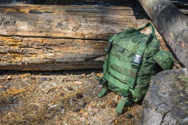 Yazın kurak topraklarda, ormandaki ağaç gövdelerinin altında küçük yeşil bir sırt çantası yatıyor.