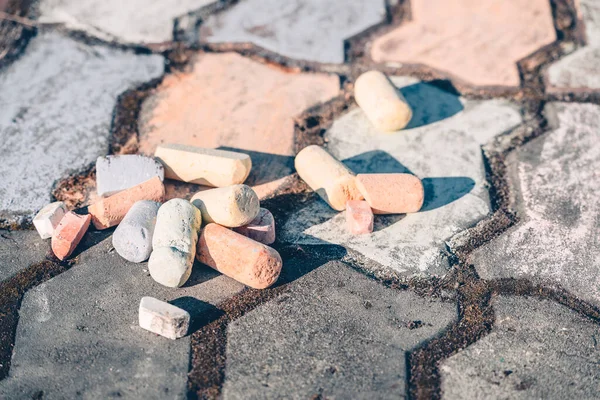 Set Colored Crayons Drawing Painted Road Tile — Stock Photo, Image