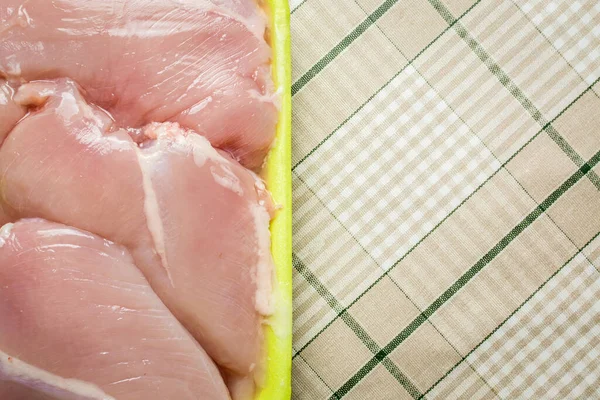 Raw Chicken Breast Fillet Lies Plastic Green Packaging Kitchen Table — Stock Photo, Image
