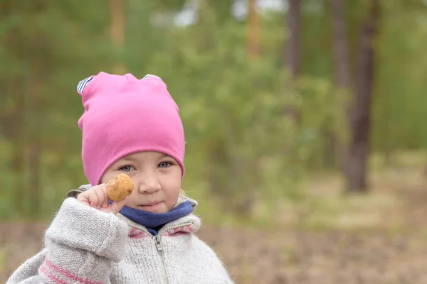 帽子の小さな子供は寒い秋の日に松林の中で食用キノコを手に持っています — ストック写真