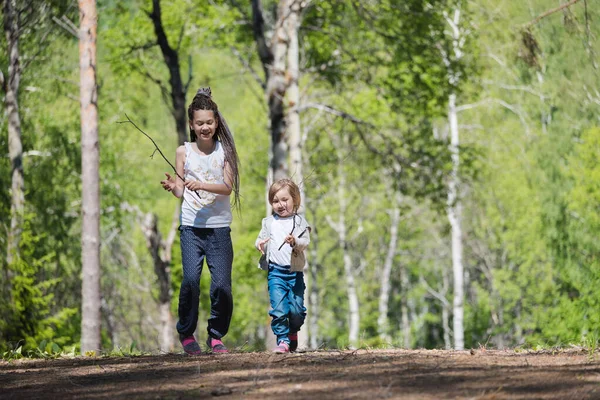 子供たちは夏の日に森の中を歩いて楽しんでいます — ストック写真