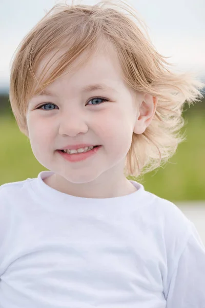 Joyful Child Girl White Tshirt Summer Day — Stock Photo, Image