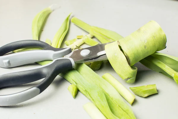 Tijeras Grandes Con Tallos Cortados Hojas Flores — Foto de Stock