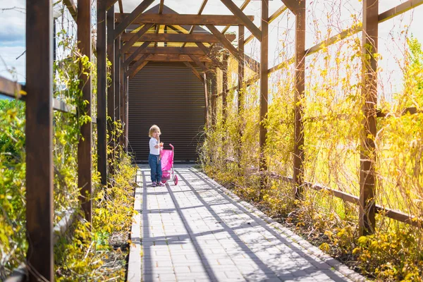 小さな子供は花のアーチでプラムを転がす — ストック写真