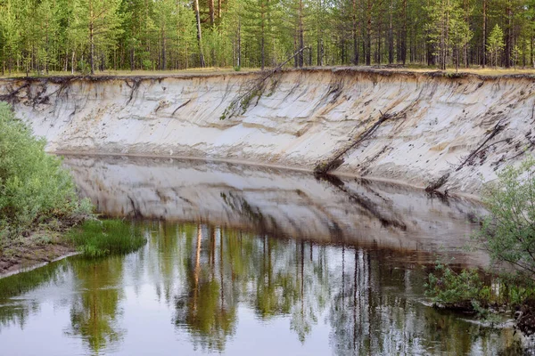 タイガの森には険しい砂州が流れるシベリア川 — ストック写真