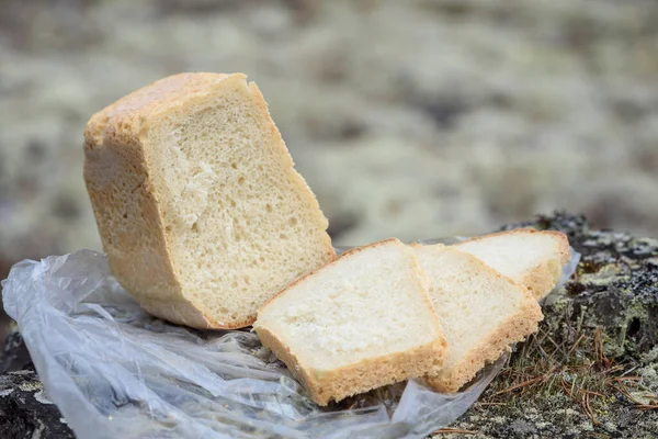 Нарезанный Буханка Белого Хлеба Природе Походе — стоковое фото