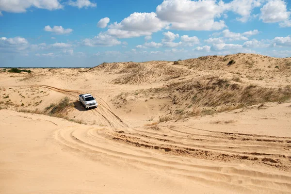 砂漠でオフロードに沿って高速ピックアップの乗り物 ストック画像
