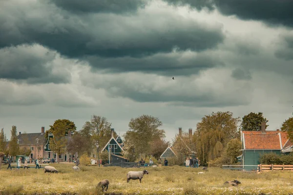 Stormachtige hemel boven platteland in Nederland — Stockfoto