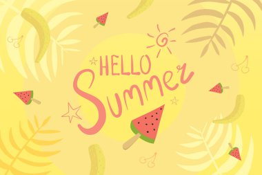 Merhaba Sunny Summer Vector Arkaplan Resimleri Karpuz, Muz ve Kirazlı. 