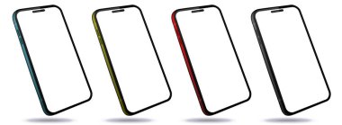 Perspektif görüşlü cep telefonları. Beyaz Arkaplanda Renkli Akıllı Telefonlar İzole Edildi. 