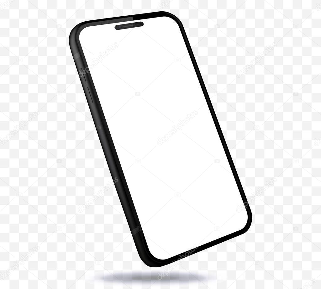 Mobile Phone Mockup With Perspective View. Black Smartphone Isolated on Transparent Background. 