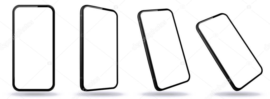 Black Mobile Phone Vector Mockup With Perspective Views. Smartphone Screens Isolated on Transparent Background.