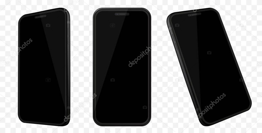 Black Mobile Phone Mockup With Different Angles. Isolated on Transparent Background.