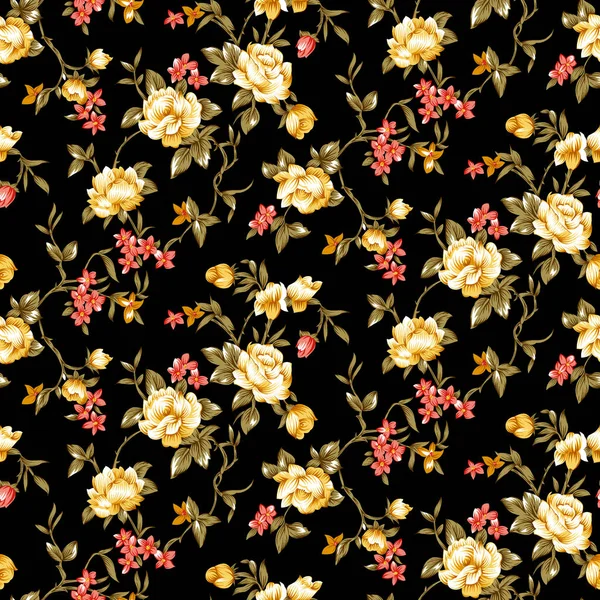 Sömlös blommig blomma med svart bakgrund — Stockfoto