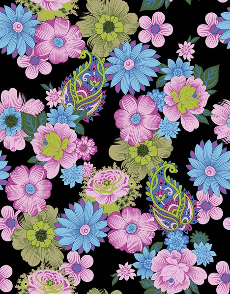 Seamless floral flower paisley with black background — Stock Photo, Image