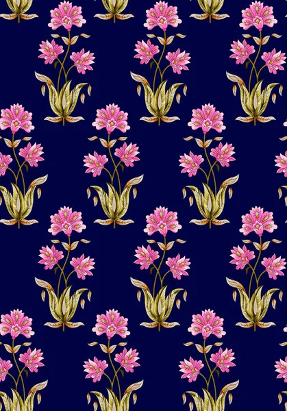 Patrón floral mughal sin costuras con fondo azul marino —  Fotos de Stock