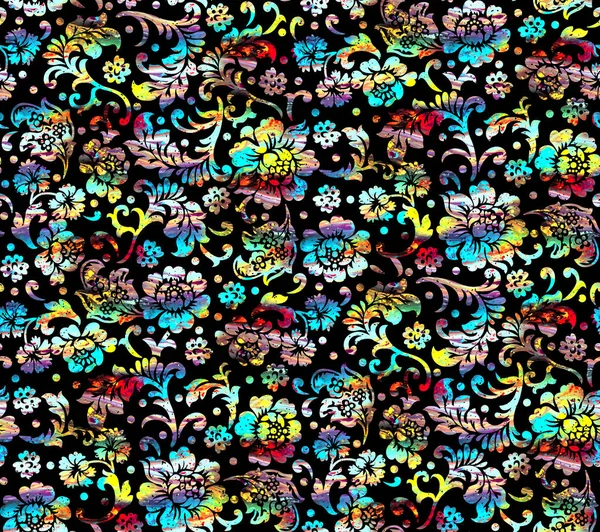 Colorful floral black background seamless pattern — Stock Photo, Image