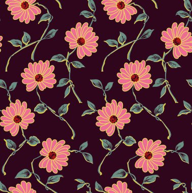 marun arka plan ile dikişsiz klasik çiçek deseni