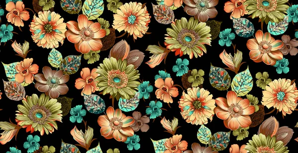 Seamless flower pattern with black background — Stock Photo, Image