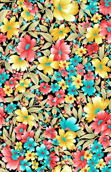 Seamless traditional colorful flower design black background — Stock Photo, Image