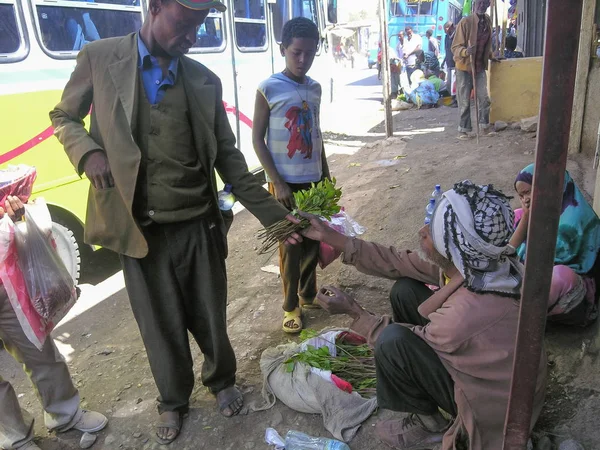 2012年3月29日 埃塞俄比亚 Harar 埃塞俄比亚人在埃塞俄比亚 Harar 附近的公共汽车站买聊天 聊天是上瘾兴奋剂与药物作用 但法律在埃塞俄比亚 — 图库照片