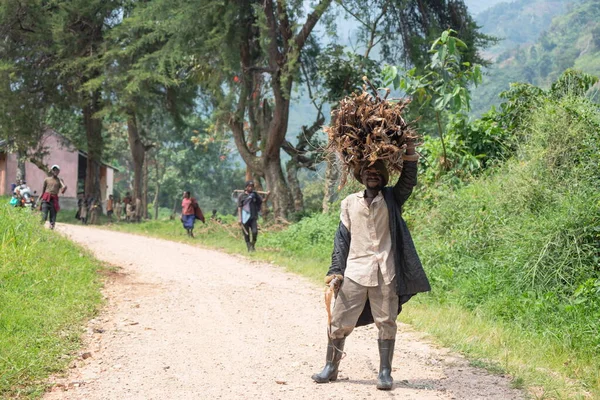 2020年1月21日 乌干达布戈耶 一名头戴灌木 身份不明的男子在乌干达布戈耶附近摆姿势拍照 使用木柴做饭在乌干达很普遍 但它会导致森林砍伐 — 图库照片