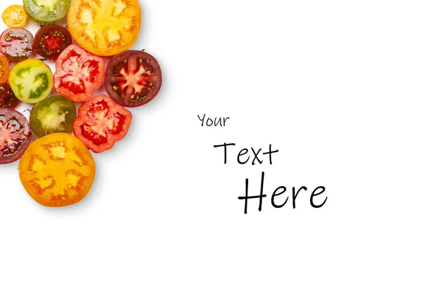 Various Colorful Tomatoes White Background Different Varieties Space Text — Stock Photo, Image