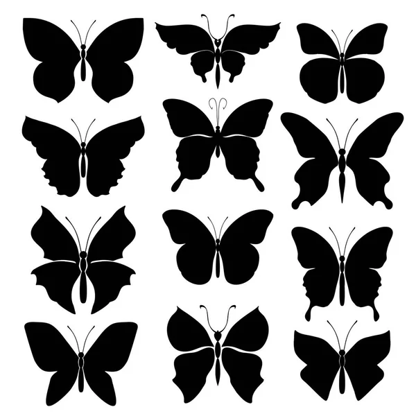 Siluetas Negras Mariposas Sobre Fondo Blanco Conjunto Siluetas Aisladas Elemento — Archivo Imágenes Vectoriales