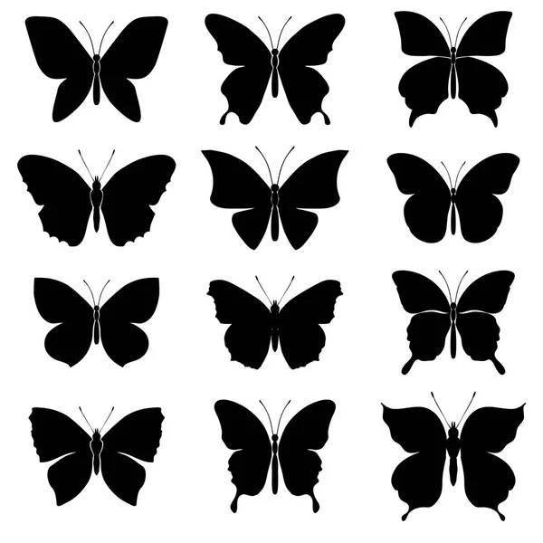 Siluetas Negras Mariposas Sobre Fondo Blanco Conjunto Siluetas Aisladas Elemento — Archivo Imágenes Vectoriales