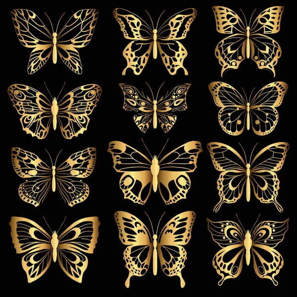 Siluetas Doradas Mariposas Conjunto Siluetas Aisladas Doradas Elemento Decorativo Diseño — Archivo Imágenes Vectoriales