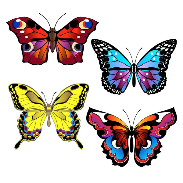 Fényes Színes Pillangók Sor Filigrán Tarka Pillangókat Dekoratív Absztrakt Díszítőelemet — Stock Vector