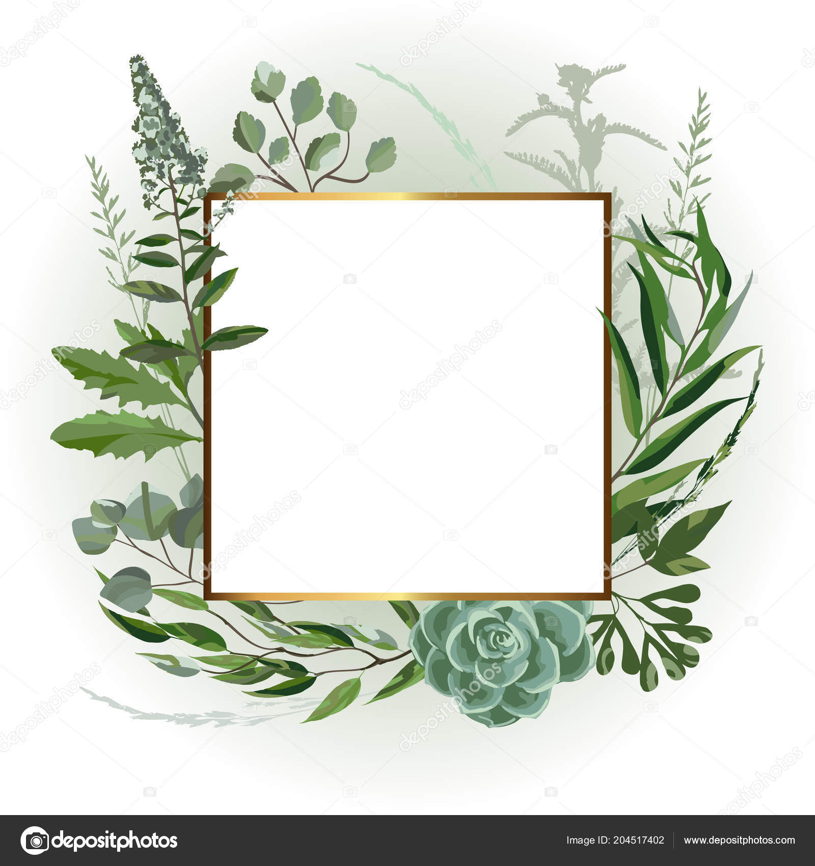 Wedding Invitation Frame Leaves Succulents Twigs Plants Herbal Garland Greenery Vector Image By C Vasimila Vector Stock 204517402