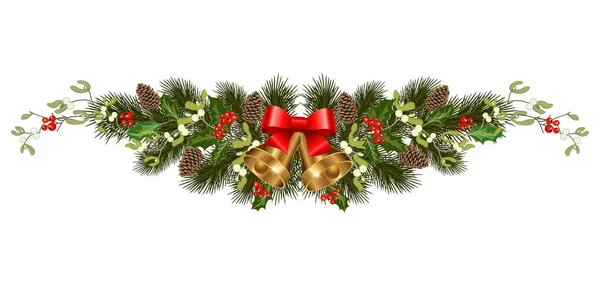 Christmas Decorations Bells Fir Tree Pine Cones Mistletoe Holly Berries — Stock Vector