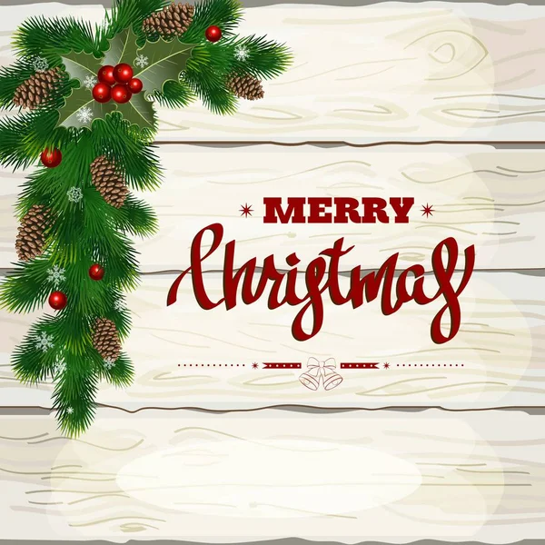 Vánoční Ozdoby Větve Stromů Jedle Ozdobné Prvky Bílém Pozadí Dřevěná — Stockový vektor