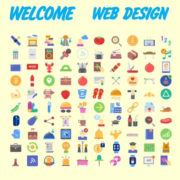 Set 100 Flat Web Icons Themes Seo Development Creative Process — Stock Vector