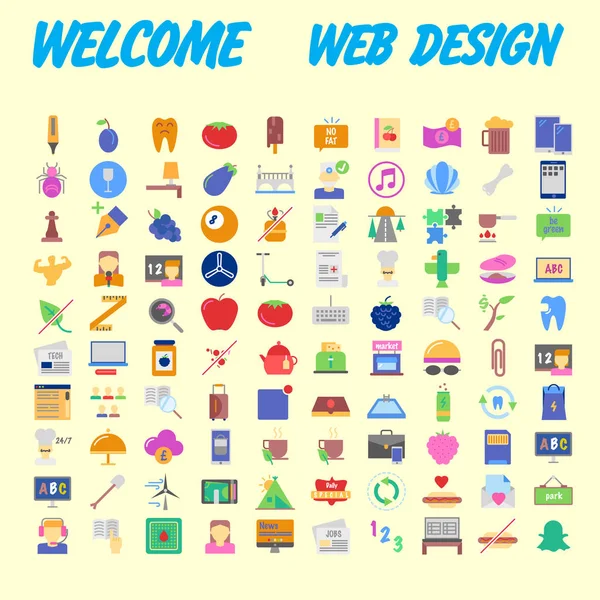 Set 100 Flat Web Icons Themes Seo Development Creative Process — Stock Vector