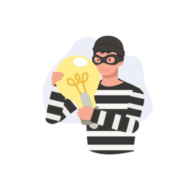 Çizgili gömlekli ve maskeli bir hırsız fikir hırsızlığı ve entellektüel hırsızlığı temsil eden parlak bir ampul taşıyor.