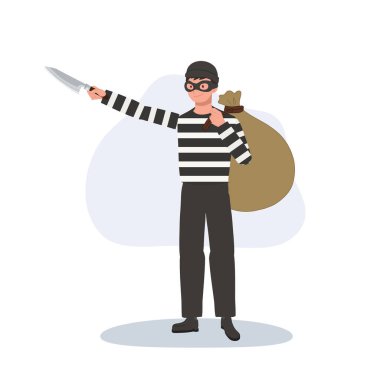 Hırsız hırsız çizgi film karakteri bıçak ve para çantasıyla
