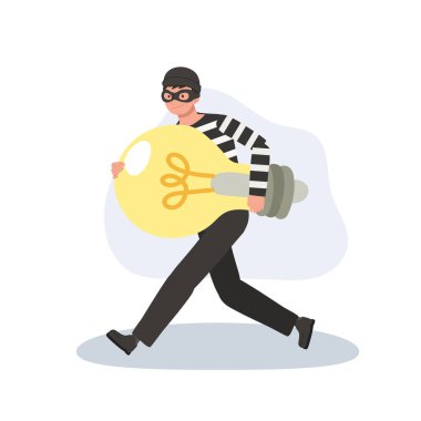 Çizgili gömlekli bir hırsız büyük bir ampulle koşarken bir iş konseptinin çalındığı ve yaratıcılığı ön plana çıkardığı fikir hırsızlığını gösteriyor.