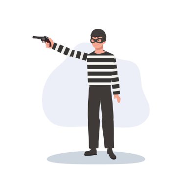 Hırsız, çizgili gömlekli, maskeli, silahlı bir hırsız. suçlu karakter