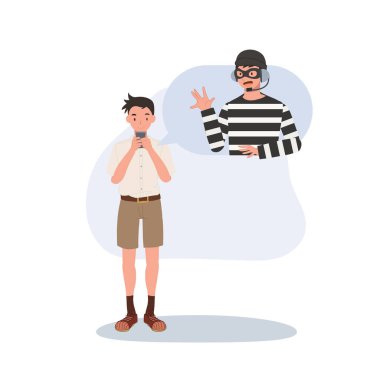 Dolandırıcı hırsızla cep telefonu kullanan bir öğrenci. Çevrimiçi dolandırıcılık siber suç