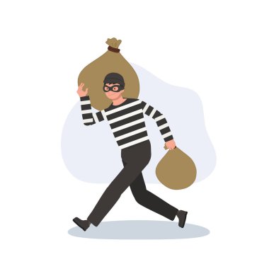 Hırsız maskeli adam çizgi filmi çizgili gömlekli para çantası taşıyan suç ve hırsızlık kavramı