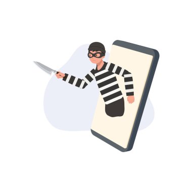 Siber güvenlik dolandırıcılığı çizgili gömlekli ve maskeli bir hırsızın akıllı telefon ekranından bıçak tutuşu.