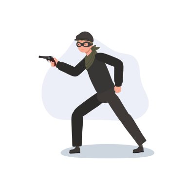 Koyu renk elbiseli hırsız silahlı silahlı soyguncu silahlı maskeli adamın hareket halindeki görüntüsü suç güvenliği için poz veriyor.